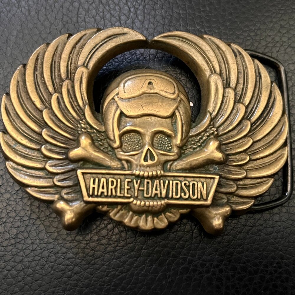 Vintage 1990 Harley-Davidson Winged Skull Belt Buckle Solid Brass Baron 6187